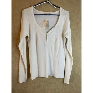 Anne Klein Jeans Ribbed Hook & Eye Top Long Sleeve‎ Ivory White XL